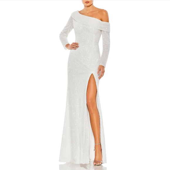 NWT $498 Mac‎ Duggal [ 4 ] Sequined Drop Shoulder Long Sleeve Gown in White - Picture 13 of 14